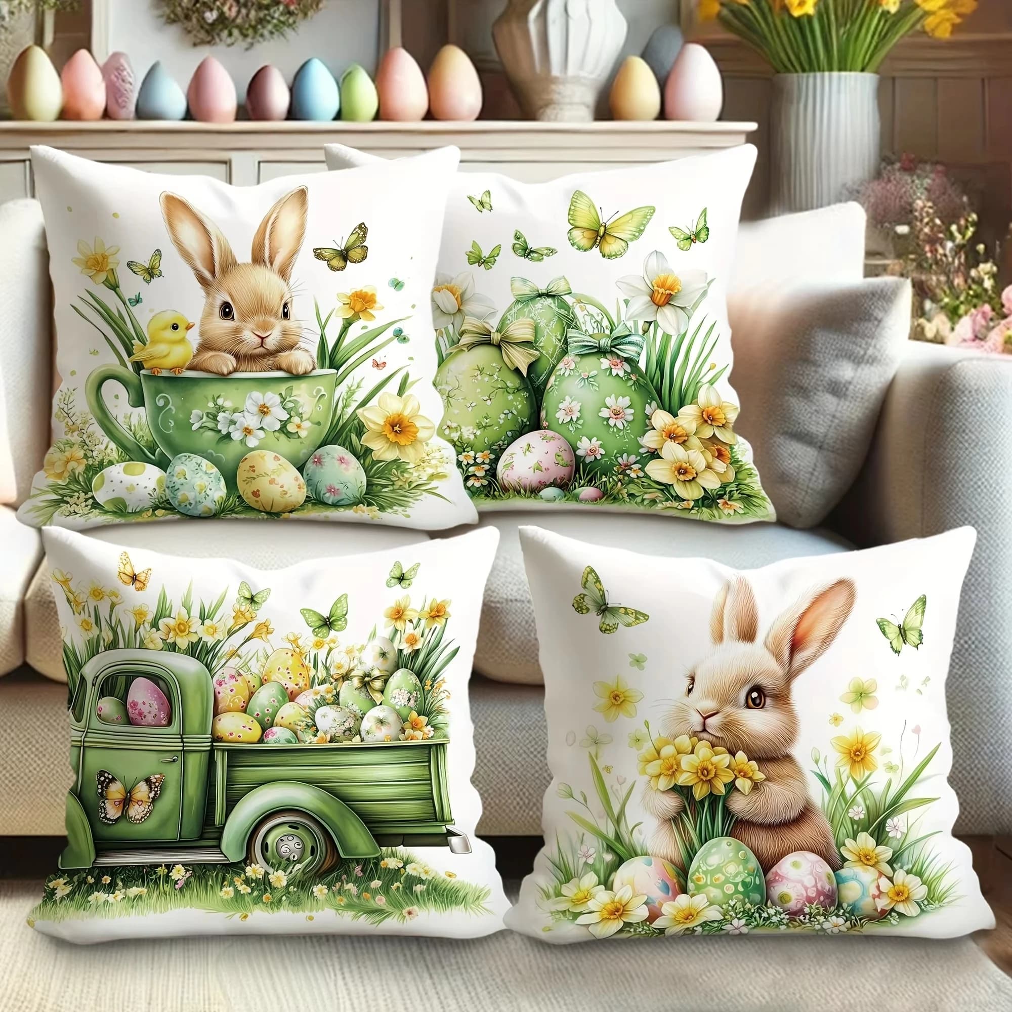 1 Pezzo Fodera per Cuscino Decorativa Floreale con Coniglietto Pasquale e Uova, Federe per Cuscini Primaverili per Divano, Camera da Letto, Soggiorno, Auto