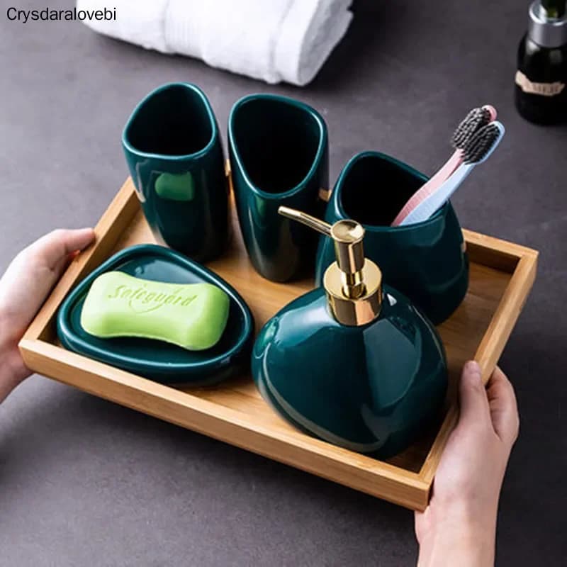Regalo di nozze Accessori per il bagno Decorazione Set da bagno in ceramica Vassoio in legno Set portaspazzolino nordico