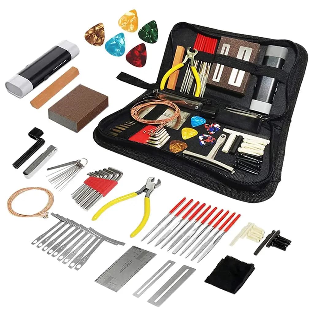 Kit di Pulizia e Riparazione per Chitarra 72 Pezzi: Avvolgicorde, Plettri, Lime, Chiavi Esagonali per Chitarra Acustica, Elettrica, Banjo, Mandolino, Ukulele
