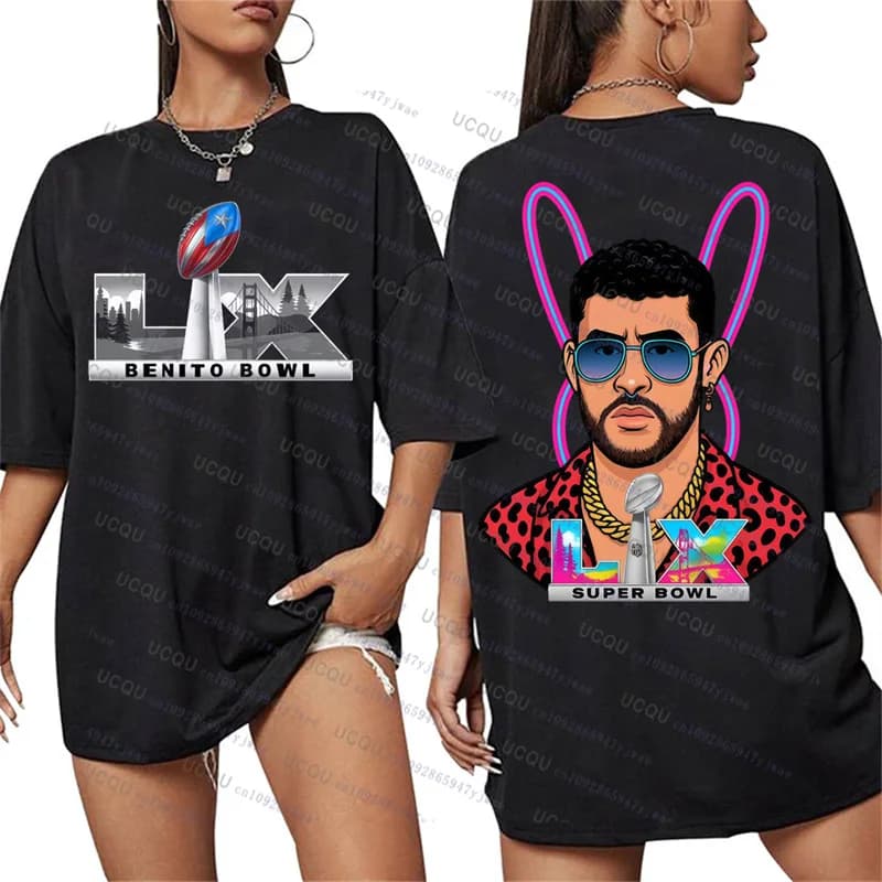Bad Bunny Super Bowl LIX Orgoglio portoricano Magliette grafiche Uomo Donna Moda Hip Hop Street Casual Cosplay Sport Manica corta