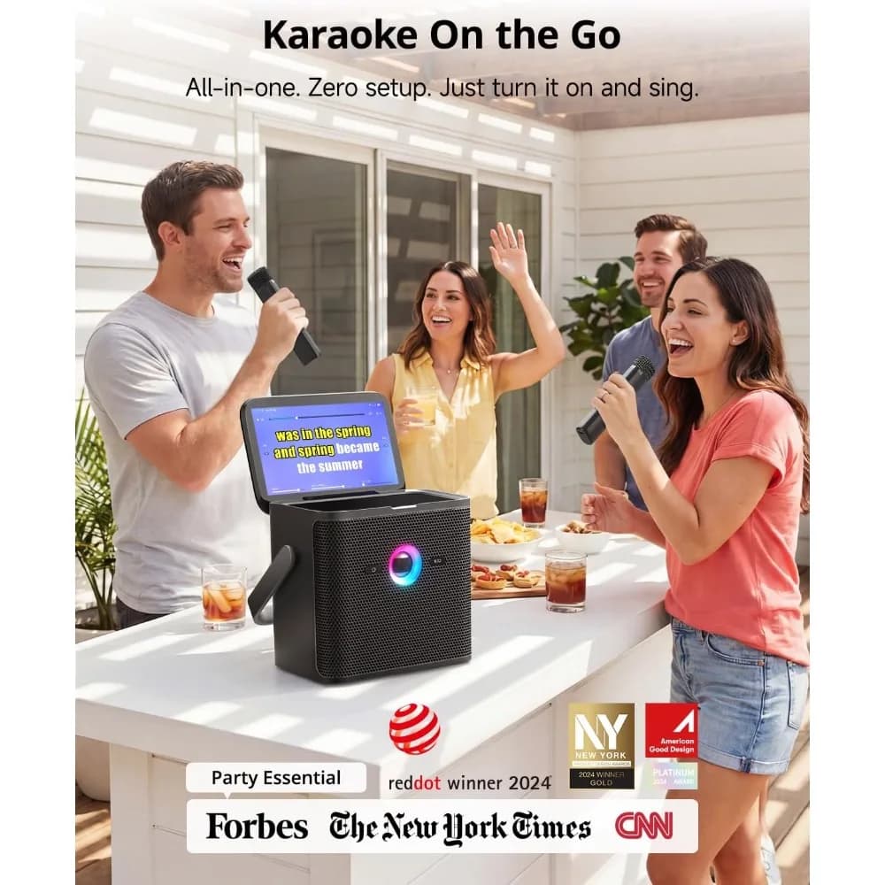 Macchina per Karaoke per Adulti con Schermo per Visualizzazione Testi, Tablet da 32GB, 2 Microfoni Wireless, Altoparlante, Autotune, EQ, Connessione TV, Portatile