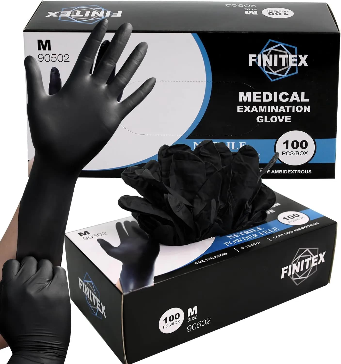 Guanti Monouso in Nitrile Nero, Senza Polvere e Senza Lattice, 6,3 mil, 100/1000 Pezzi per Uso Medico e Alimentare