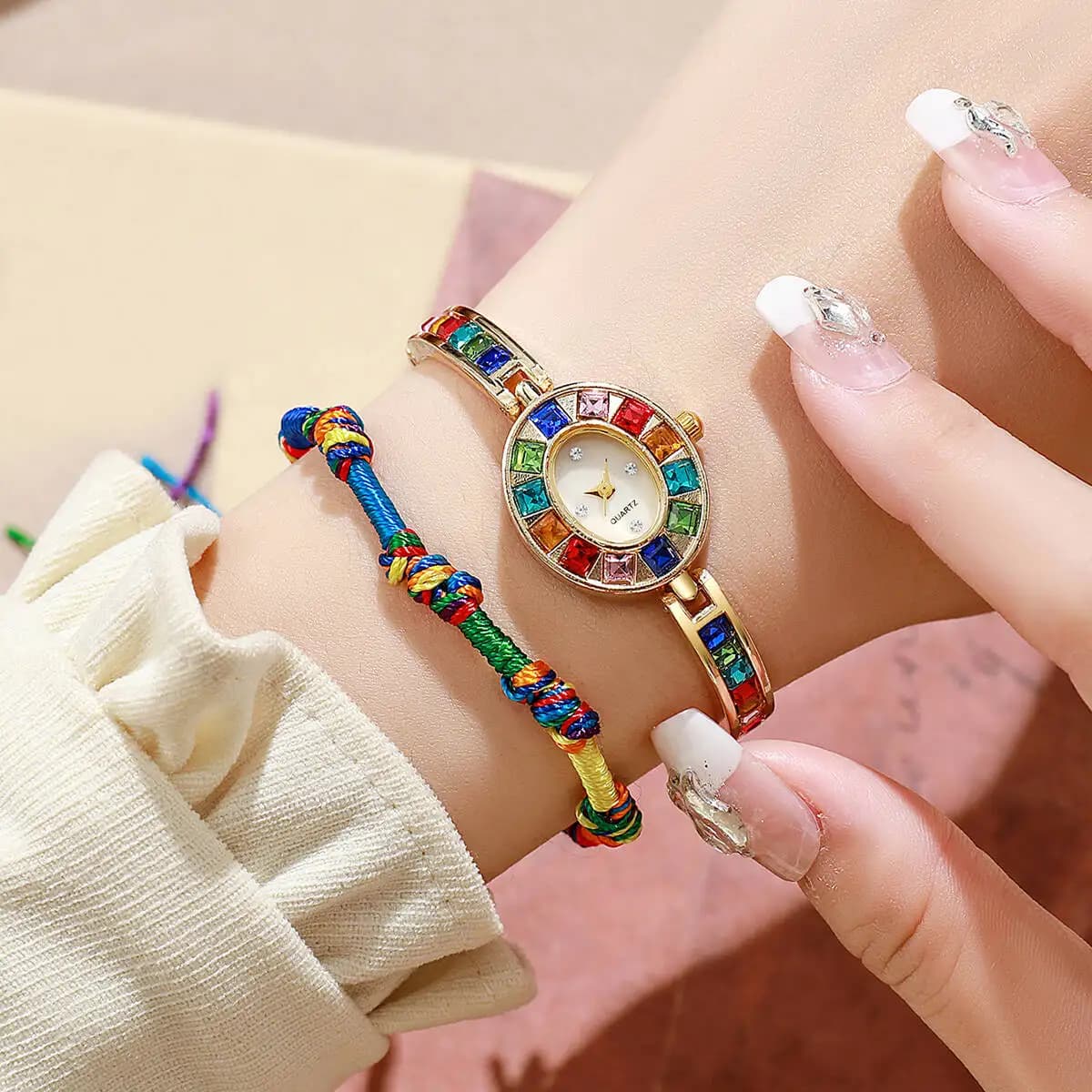 2PCS/Set Luxury Rhinestone Women Watches Fashion Bracelet Band Quartz Watch Rope Bracelet Set Reloj Mujer（Without Box）