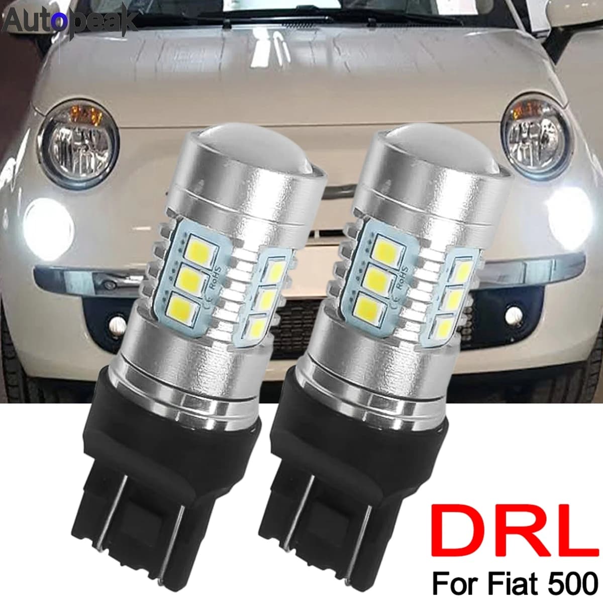 2x Lampadine per auto con luce di marcia diurna a LED 580 DRL Canbus No Error per Fiat 500 2007 2008 2009 2010 2011 2012 - su bianco 6000K