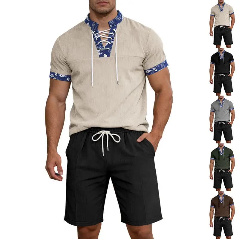 Completo Estivo da Uomo in Corduroy Pesante e Morbido: T-Shirt Henley e Pantaloncini Casual, Leggero e Traspirante, a Maniche Corte, per Giovani