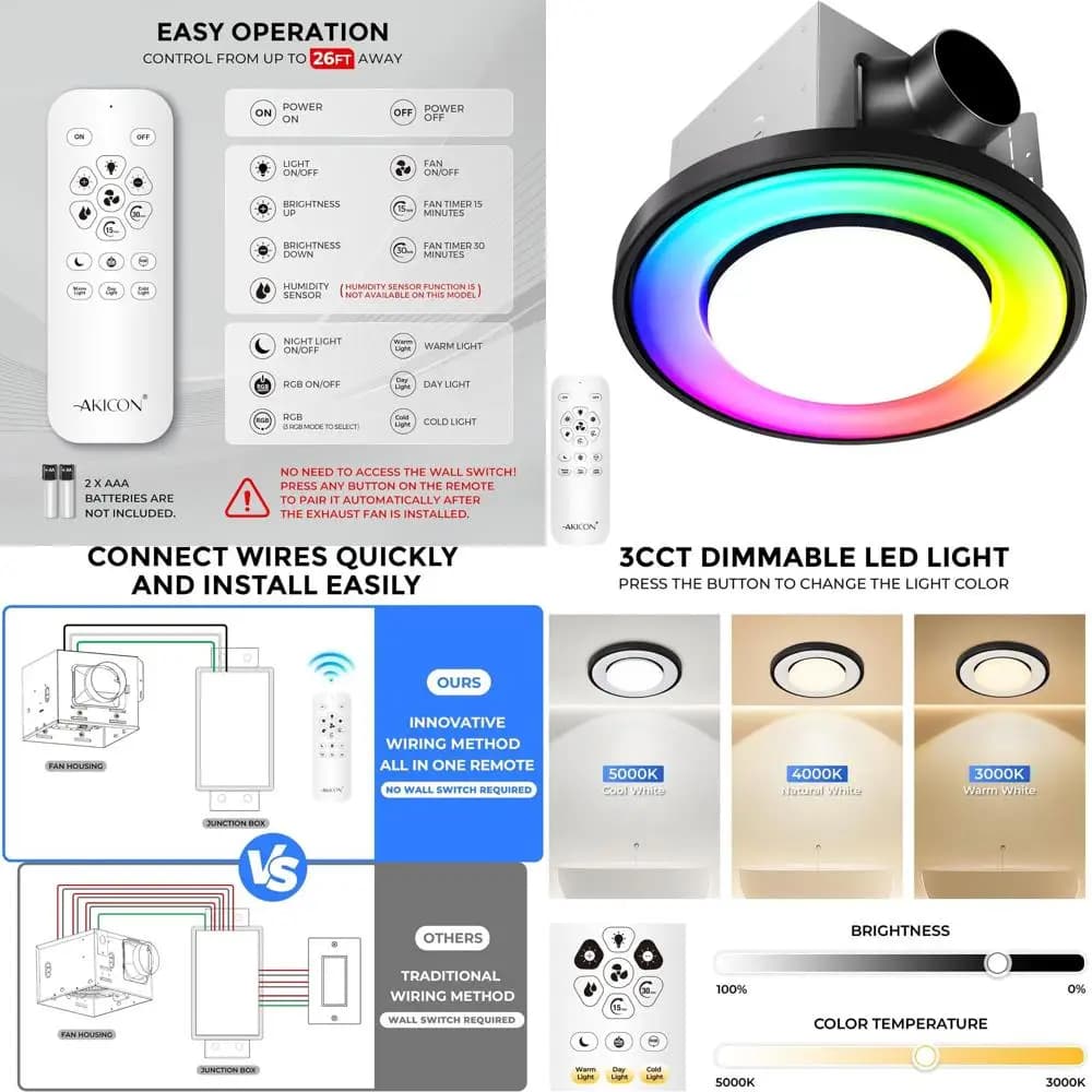 Ventilatore da Bagno Ultra Silenzioso 110 CM con LED RGB 3CCT, Luce Notturna, Montaggio a Soffitto, Telecomando, Nero
