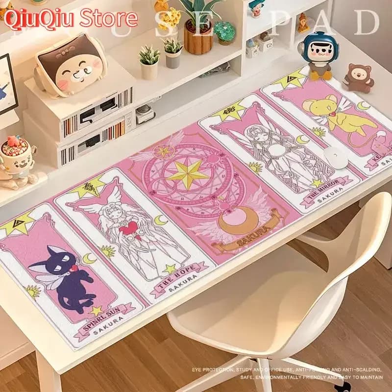 Tarocchi creativi Ragazza magica Rosa Kawaii Grande tappetino da scrivania in pelle PU | Tappetino per mouse XXL simpatico cartone animato per tastiera da studio per ufficio