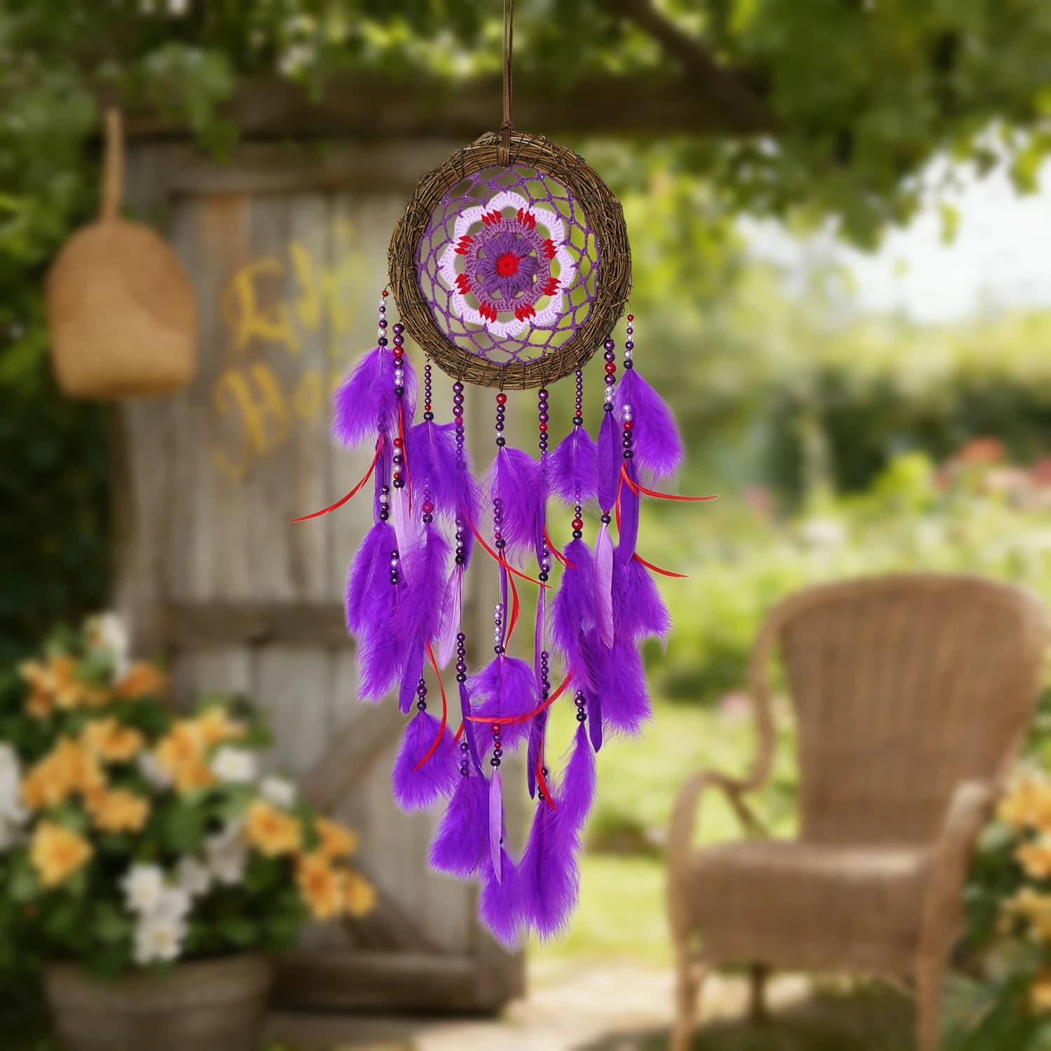 Bohemian Woven Dream Catcher with Crochet Flower Gradient Feathers Handmade Wall Hanging Wind Chimes for Holiday Gifts