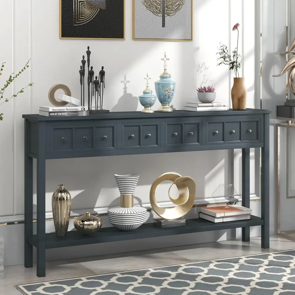 Consolle rustica da 60 fattoria con 4 cassetti, ripiani aperti, maniglie in metallo vintage e design stretto per ingresso