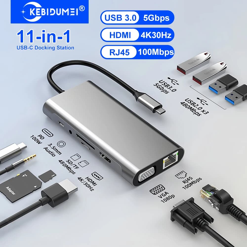 KEBIDUMEI Docking Station USB C 11-in-1, Hub USB 3.0 5Gbps, Adattatore Type C a HDMI 4K, Splitter USB per Laptop e Macbook