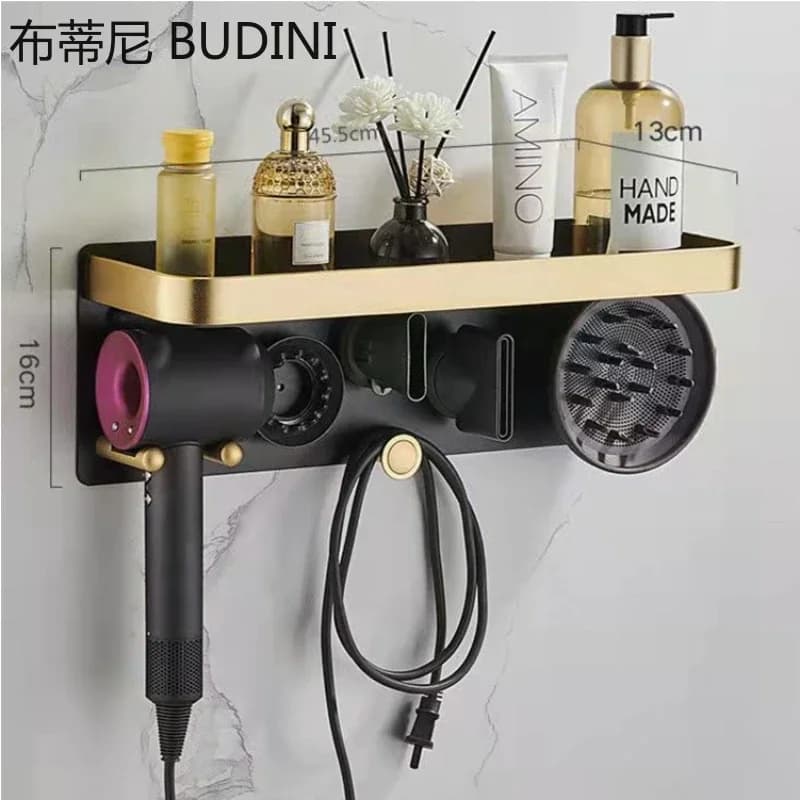 Bathroom hairdryer shelves black gold wall-mounted hairdryer and shelf for Dyson Supersonic hair dryer Rack