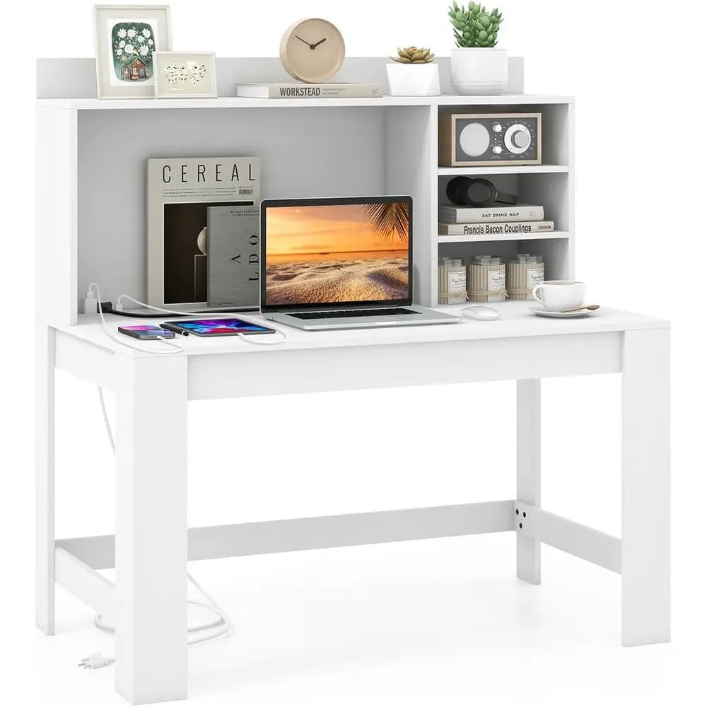 White Modern Office Desk with Hutch, 2 Outlets, USB & Type-C Ports, 3 Shelves, Cable Management, Suitable for Home, Office, Stud