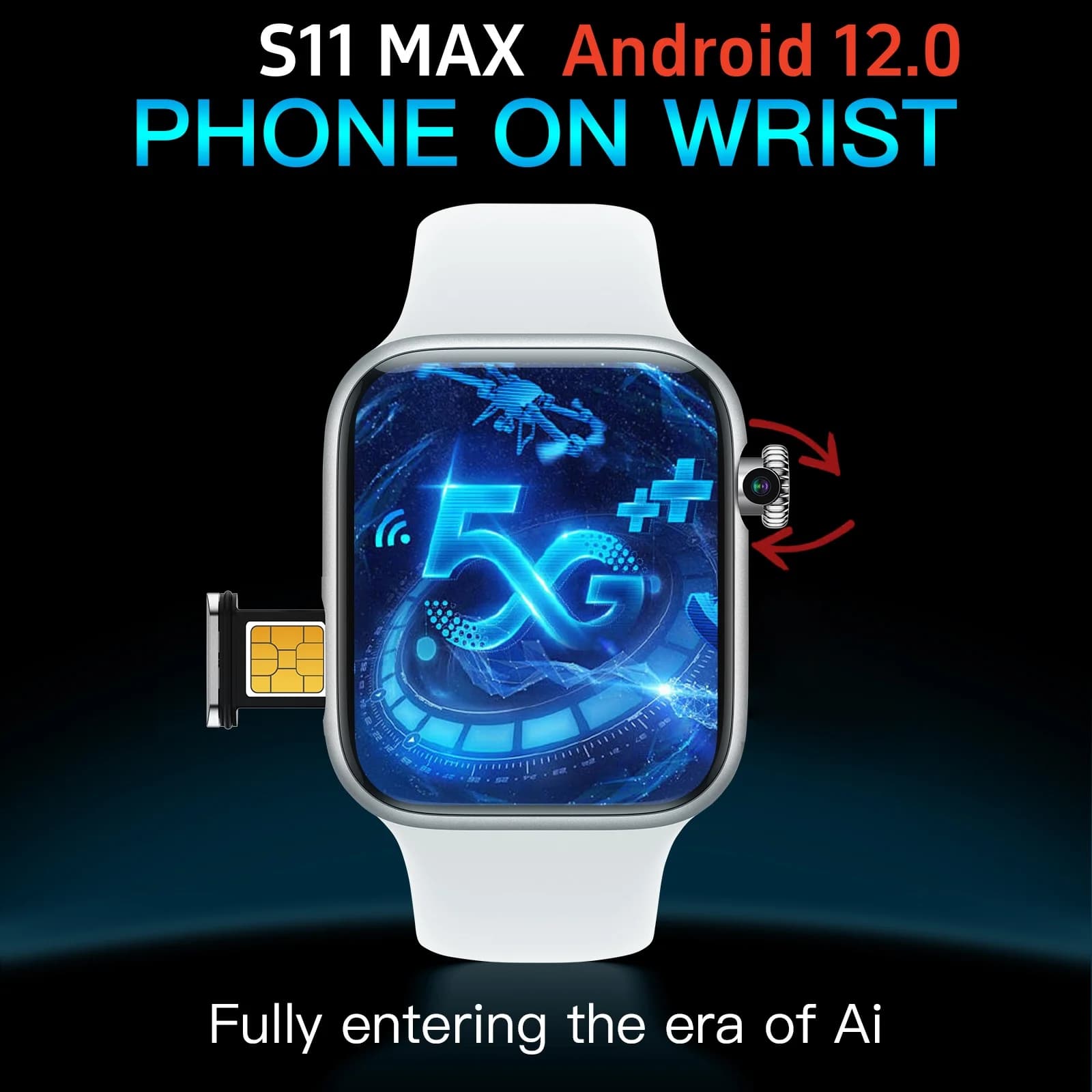 Smartwatch Watch 11 Ai 5G LTE con Schermo da 2,29 Pollici, Android 13.0, Touch ID, Fotocamera Rotante da 800W, GPS, WIFI e Slot per Scheda SIM