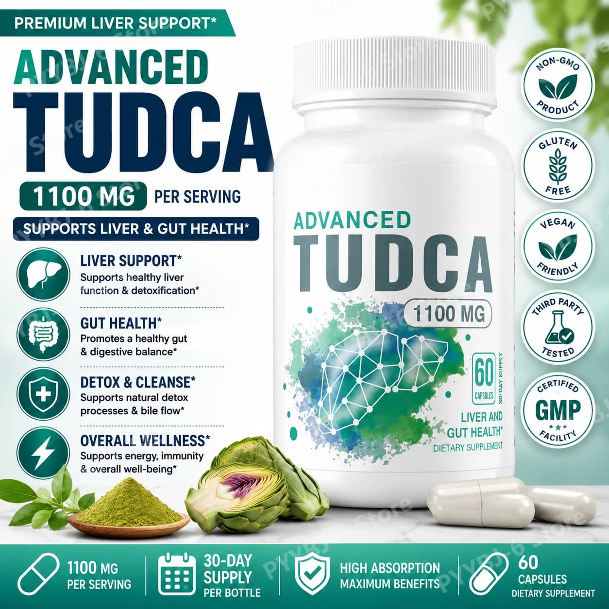 Supplement for the TUDCA liver 1100mg, Supports liver health and digestive function, 60 Capsules, Non-GMOs, Adult antioxidant