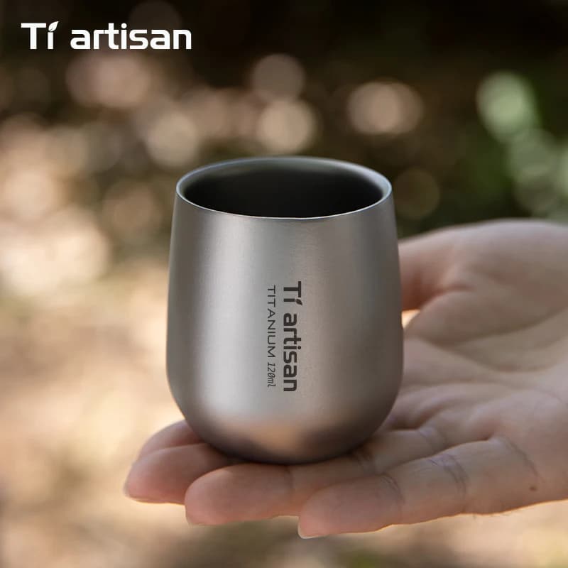 Tiartisan Tazza da Caffè in Titanio Puro 120ml, Doppio Strato Anti-scottatura, Tazza per Tè e Acqua, Portatile per Esterni, Attrezzatura da Campeggio