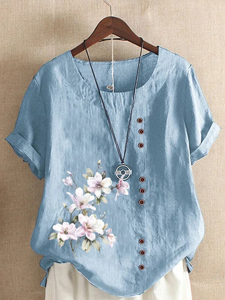 Loose Cotton Linen Short Sleeve T-Shirt Women's plus Size Elegant Beautiful Shirt Thin Commute Style round Neck Regular Length