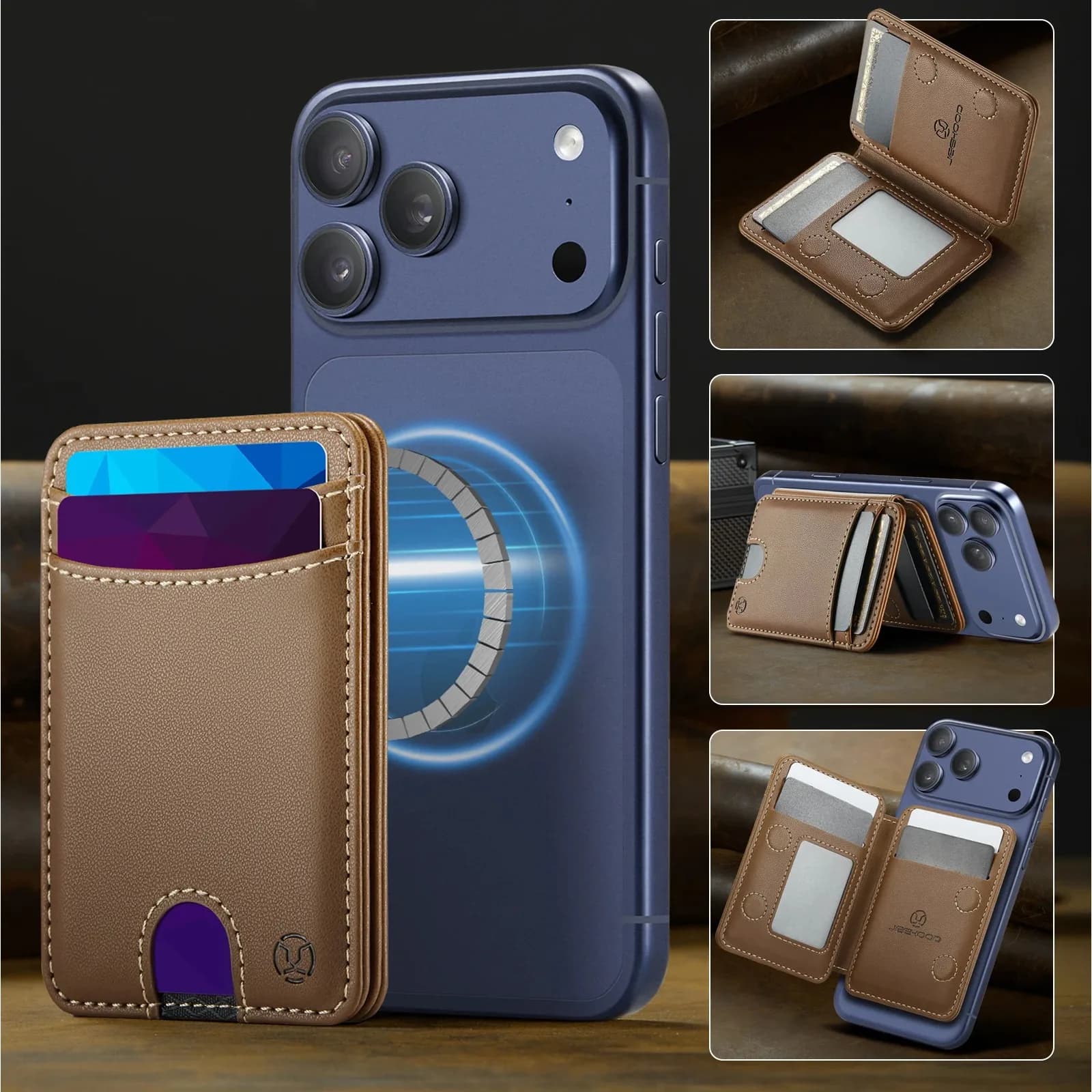 Portafoglio Elastico in Pelle PU SLE con Blocco RFID per Carte di Credito e ID, Compatibile con Magsafe Grip Tok Kickstand per iPhone 17