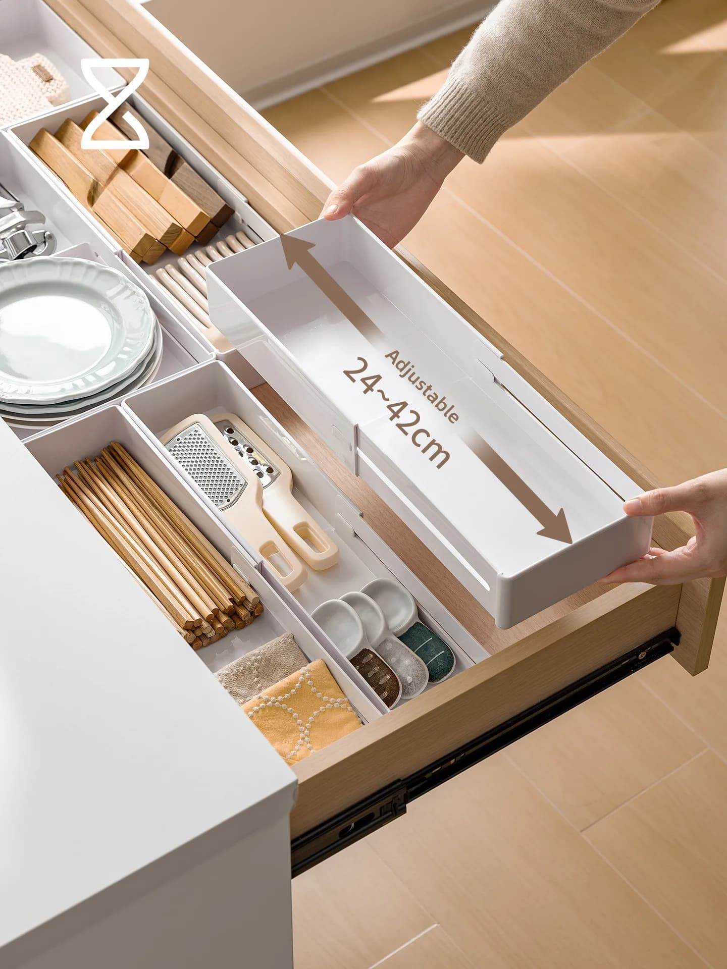 Scatola portaoggetti espandibile con divisori per cucina, organizer per bacchette e posate, contenitore angolare interno in plastica per armadietto