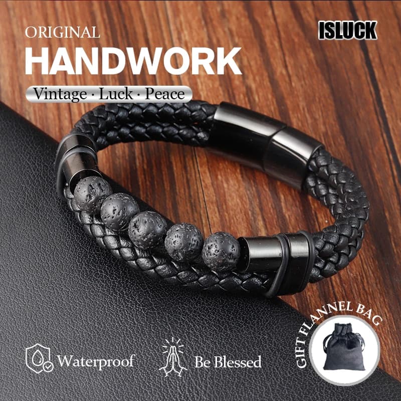 Bracciale con perline in pietra vulcanica naturale, bracciale multistrato in acciaio inossidabile, magnetico, da uomo e da donna, intrecciato a mano.