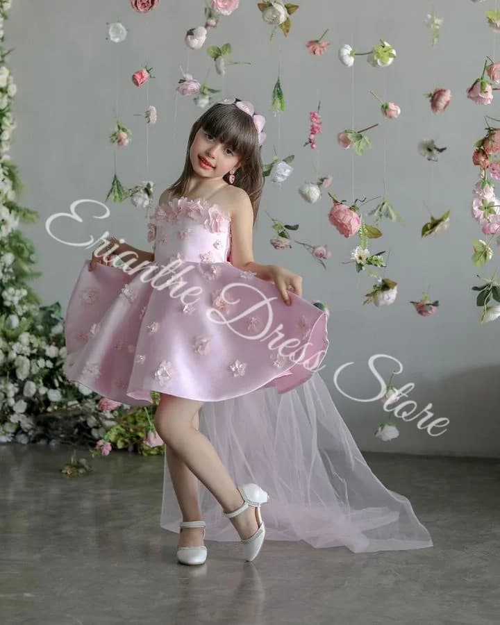 Abito da ragazza di fiore in raso rosa con fiori 3D per matrimonio Abiti da prima comunione per feste di compleanno per bambini con applicazioni gonfie personalizzate