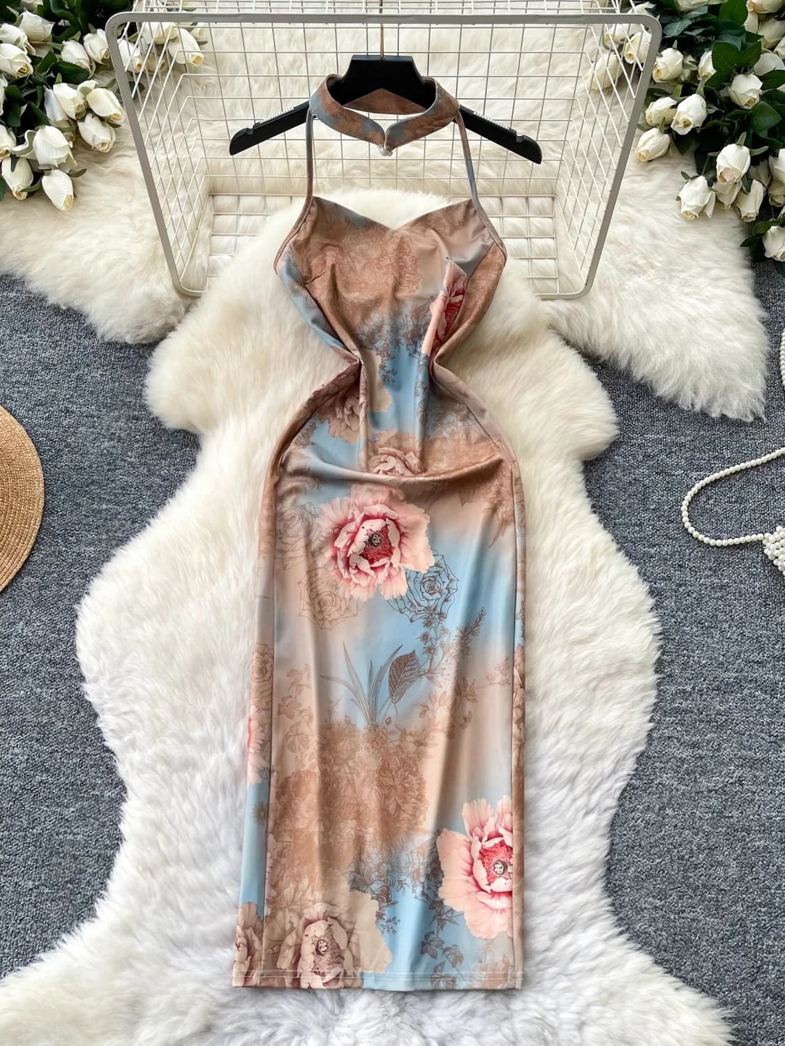 Summer Commute Style Spicy Girl Pure Desire Printed Strap Dress Women's Slim Fit Wrap around Neckline High Waist A-Line Skirt