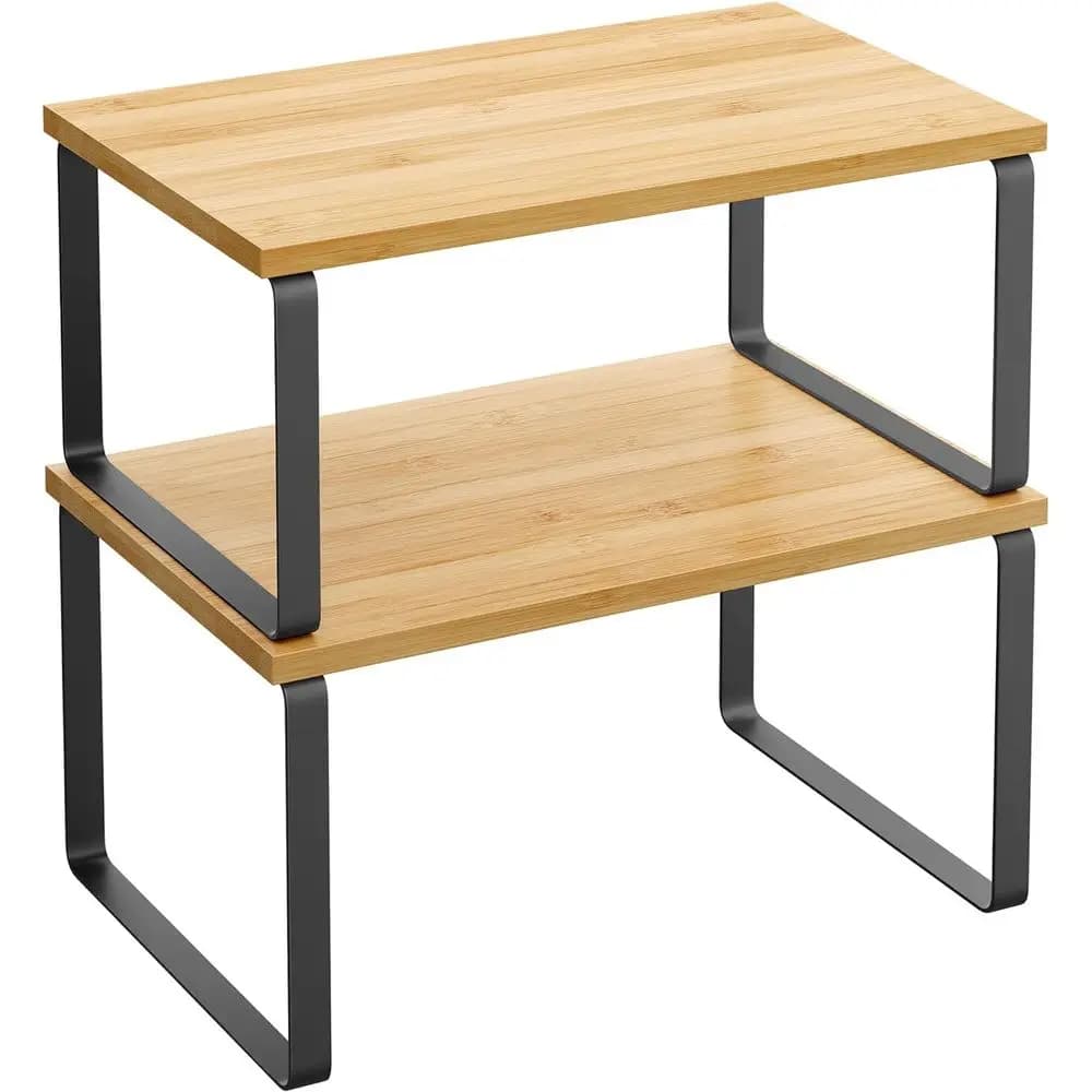Organizer Shel, Set of 2 Kitchen Counter Shelves, Kitchen Storage, Spice Rack, Stackable, Expandable, Metal and Engineered Wood,