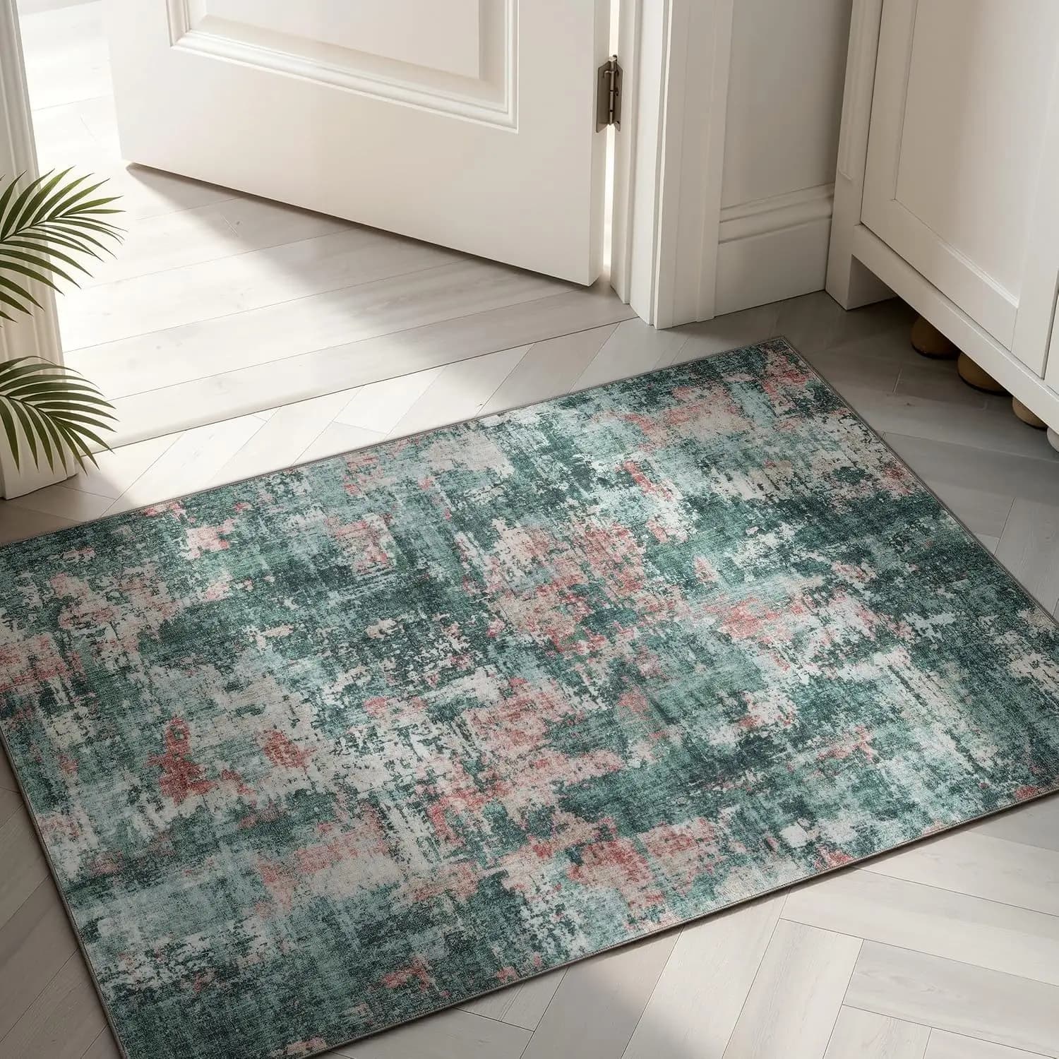 Artistic Pink Green Area Rug, Soft Fade Resistant Carpet for Living Room Bedroom Entryway, Chic Floor Decor