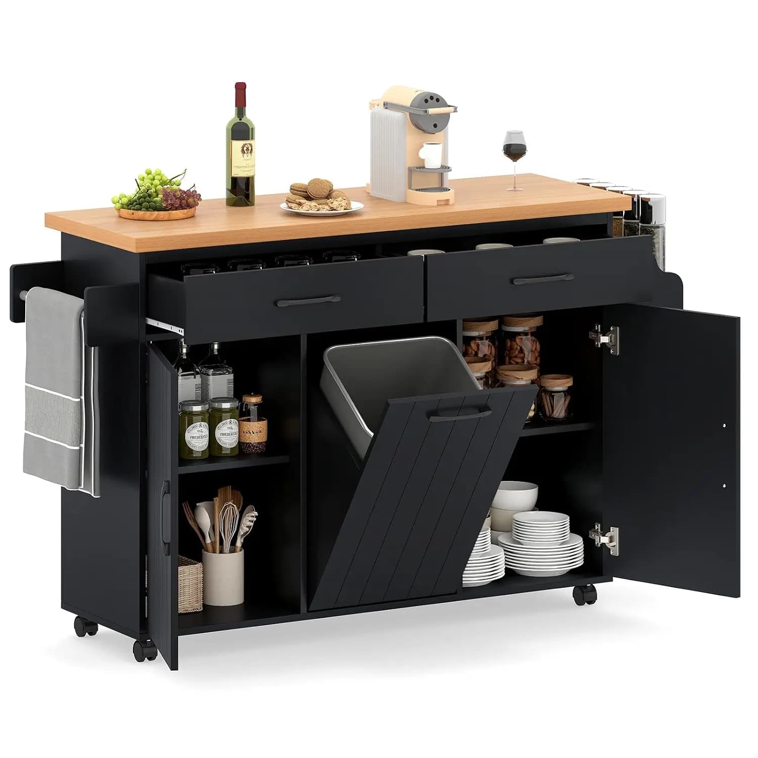 Kitchen Island Cart with Trash Storage, Adjustable Shelves, 2 Drawers, Spice Rack & Towel Bar, Mobile Dining Table, Customized