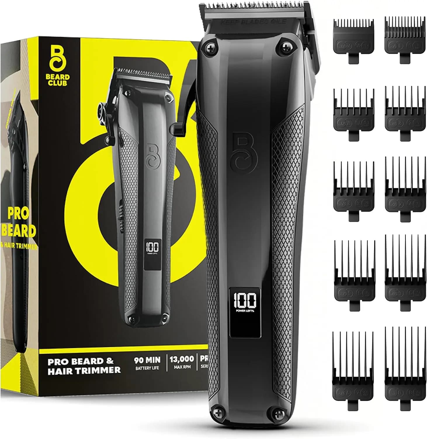 Pro Beard Trimmer for Men - Cordless Rechargeable 13000 RPM Hair Trimmer with 10 Guides & Taper Lever - DLC Blades