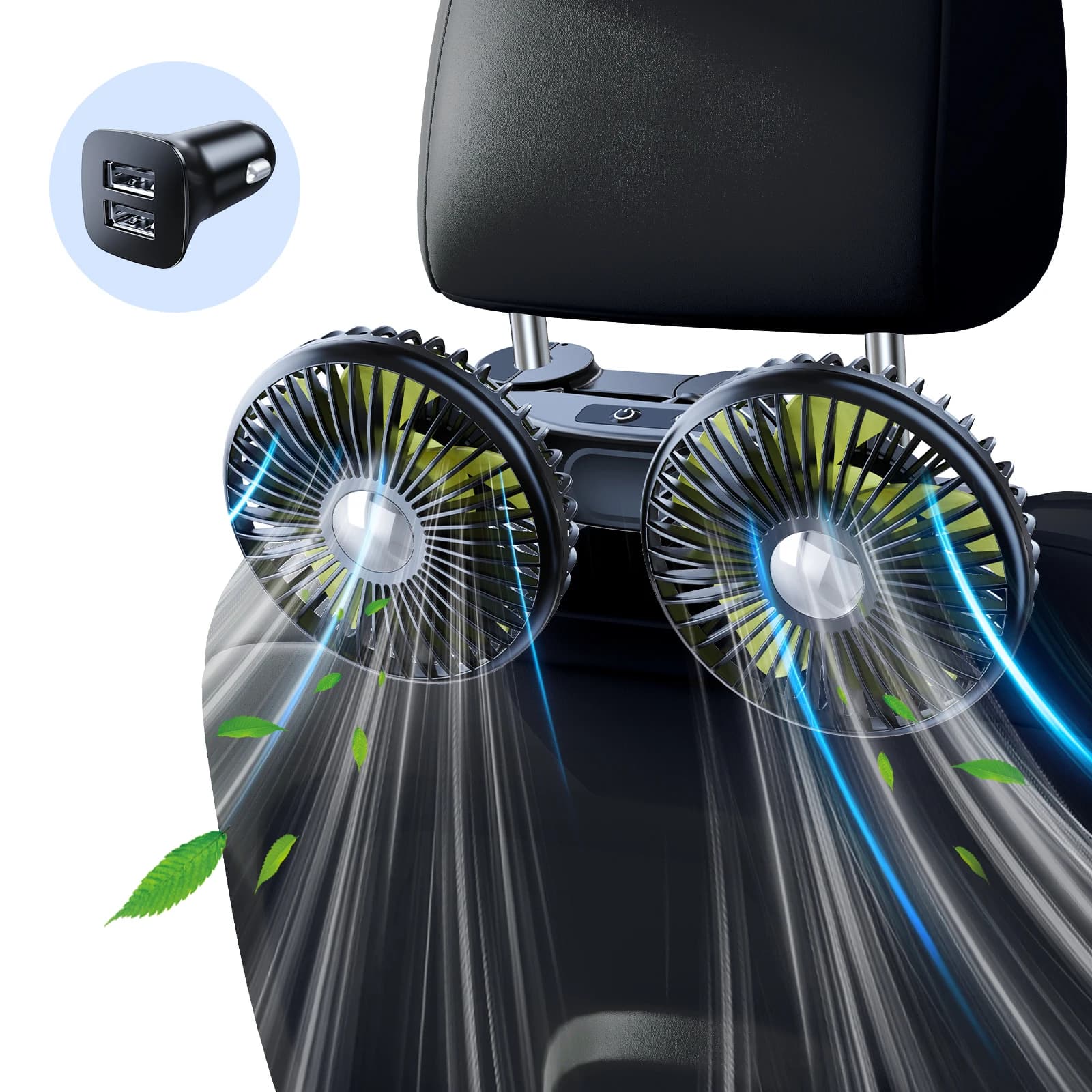 Ventilatore per Auto Hipacool Estivo a Doppia Testa con Vento Forte, Batteria da 2000mAh, Ventilatore Elettrico con Caricatore per Auto e Cavo Lungo in Omaggio