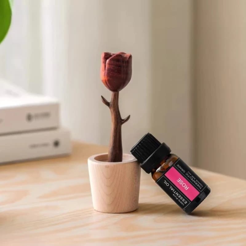 Diffusore di Aromi in Legno Massello a Forma di Rosa Rossa, Regalo Creativo di Compleanno, Decorazione da Scrivania, Accessori per Aromaterapia Domestica