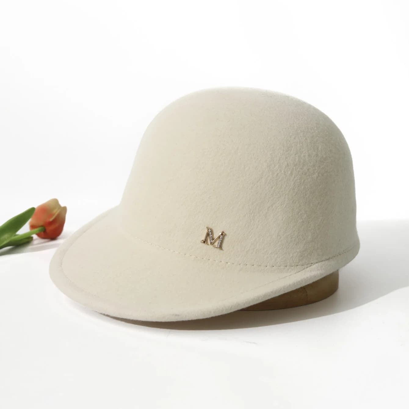 Ultra Light Wool Tweed Baseball Cap, Slim Face Visor Hat with M Logo, Warm Winter Hat