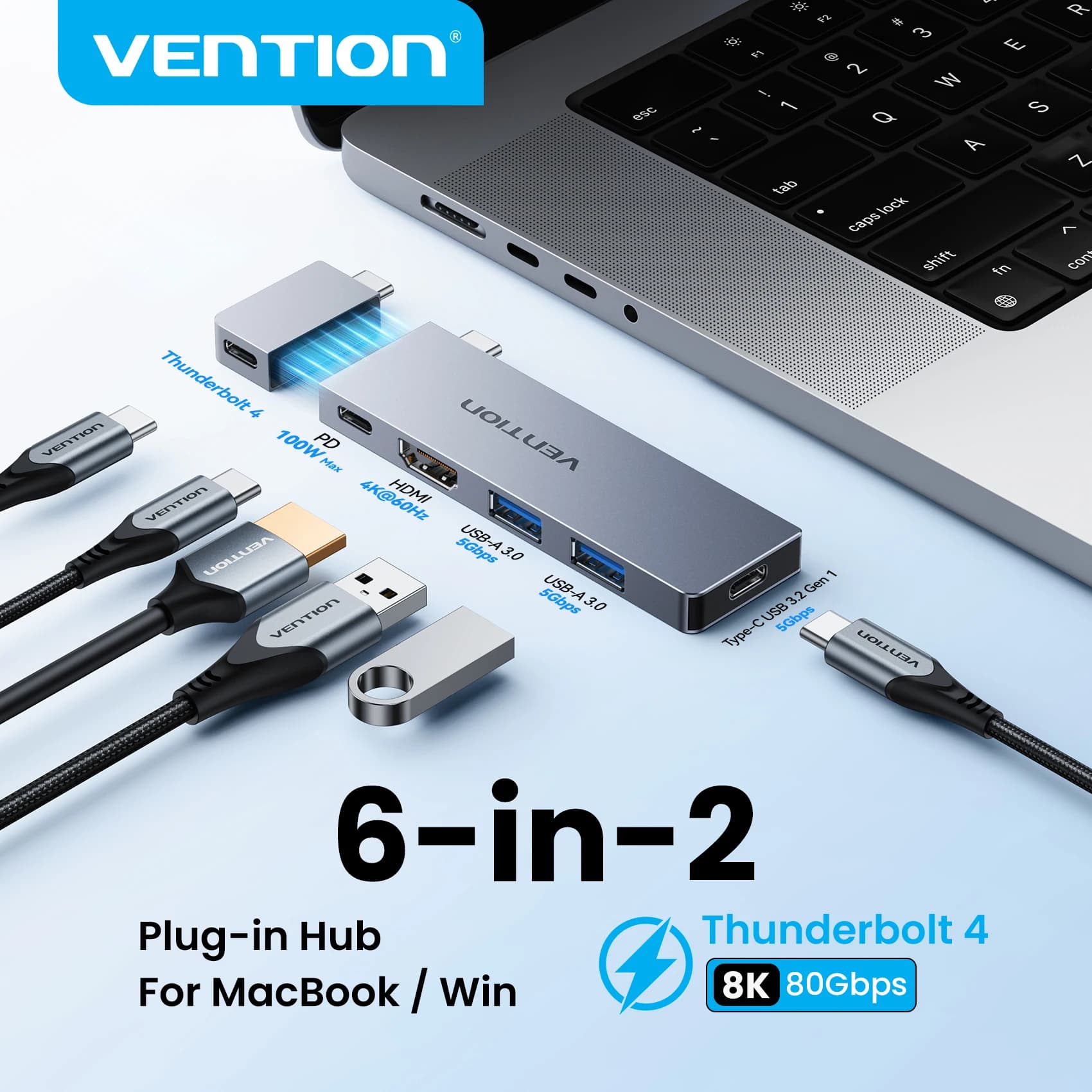 Hub USB C Vention 6 in 2 Thunderbolt 4 80Gbps 8K Dock Station per MacBook Pro Air, USB 3.0, HDMI 4K60Hz per Laptop Windows