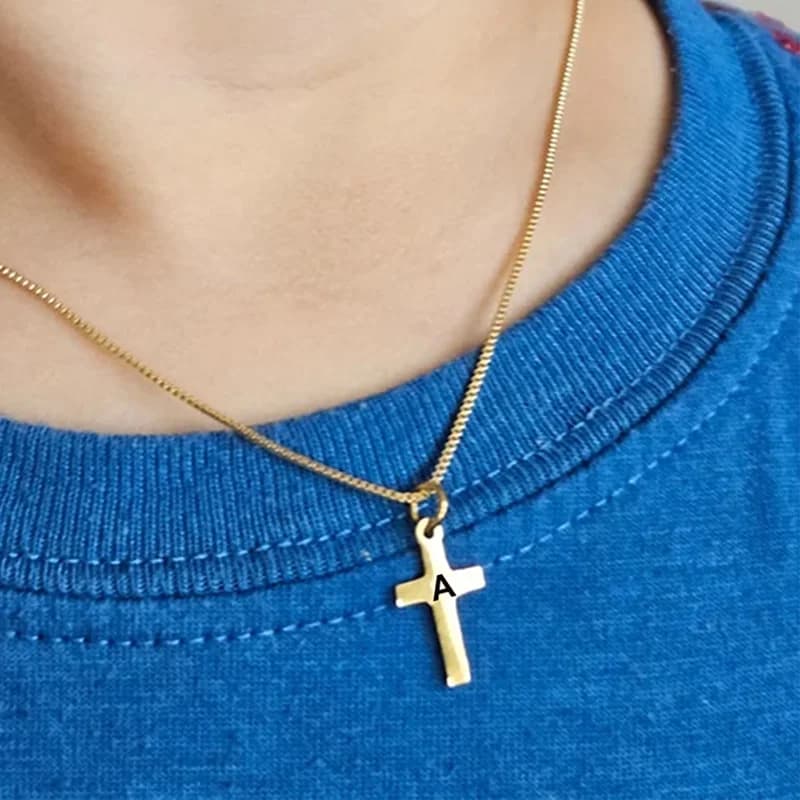 18k Gold Plated Stainless Steel Letter Cross Pendant Necklace For Boys Girls Kids Children Jewelry