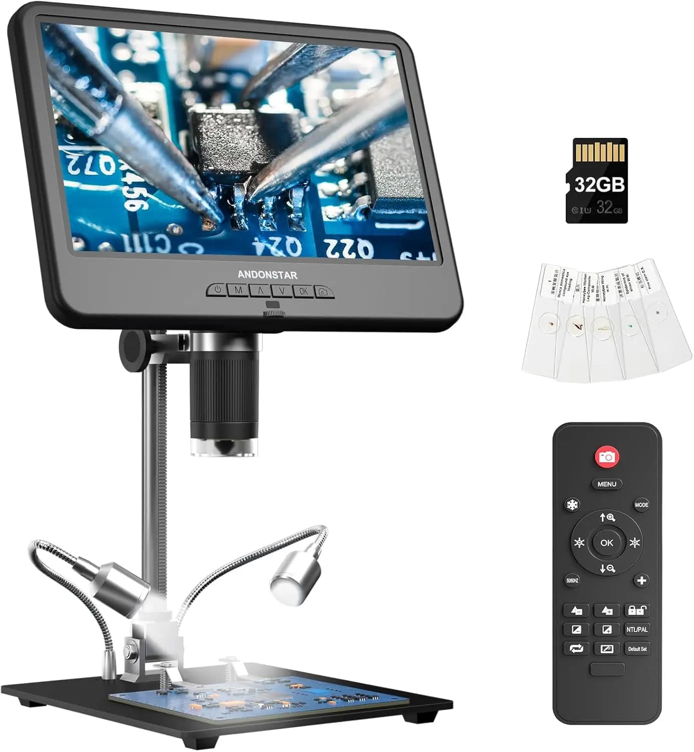 Microscopio Digitale LCD da 10.1 Pollici per Riparazioni Elettroniche, Visione di Monete con Luce, Kit con Vetrini Biologici, Include Scheda da 32G