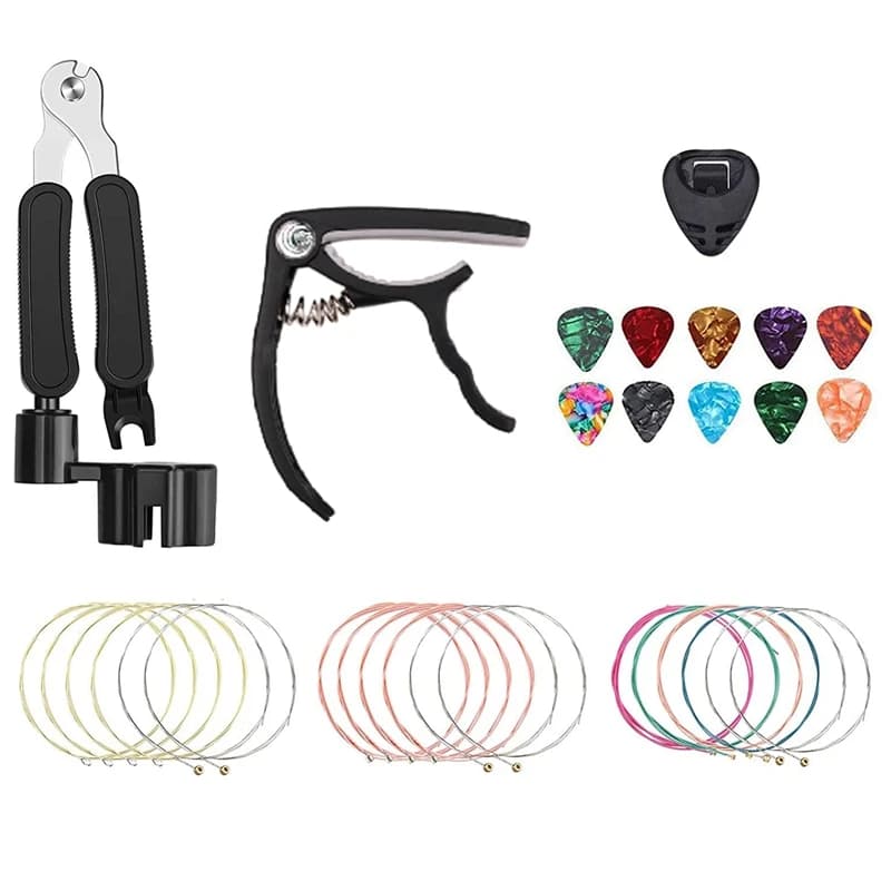 Kit di 18 Corde per Chitarra, Strumento per Cambio Corde Acustiche, Corde Acustiche, Plettri, Capotasto, Adesivi Scala, Portaplettri