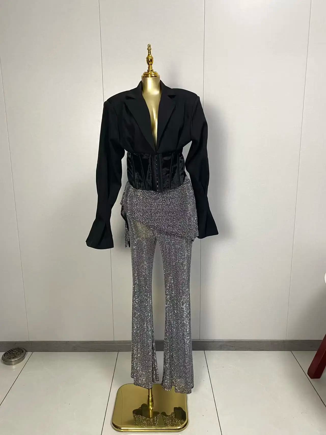 2025 New Women Sexy Long Sleeve Deep V Neck T-shirt Sequins Flare Two Pieces Pants Set Elegant Evening Club Party Outfits