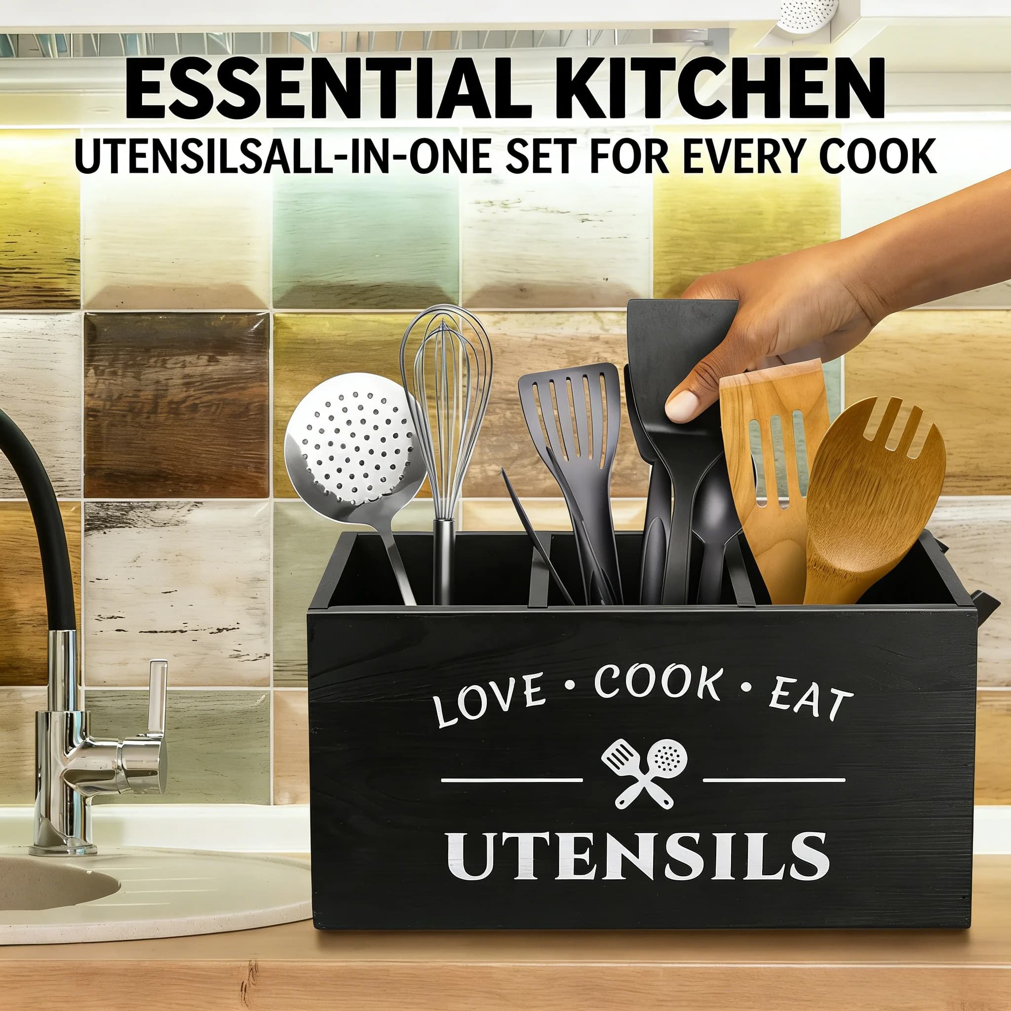 Wooden kitchen utensils, storage box with 3 compartments, decorative box in rustic style.