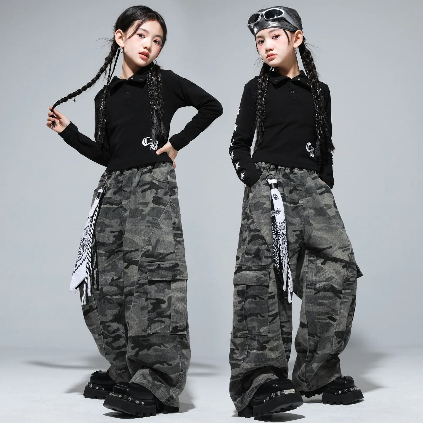 Kid Kpop Abbigliamento Hip Hop Felpa con cappuccio nera T-shirt corta Camo Casual Street Lama curva Pantaloni cargo per ragazza Costumi di danza Vestiti