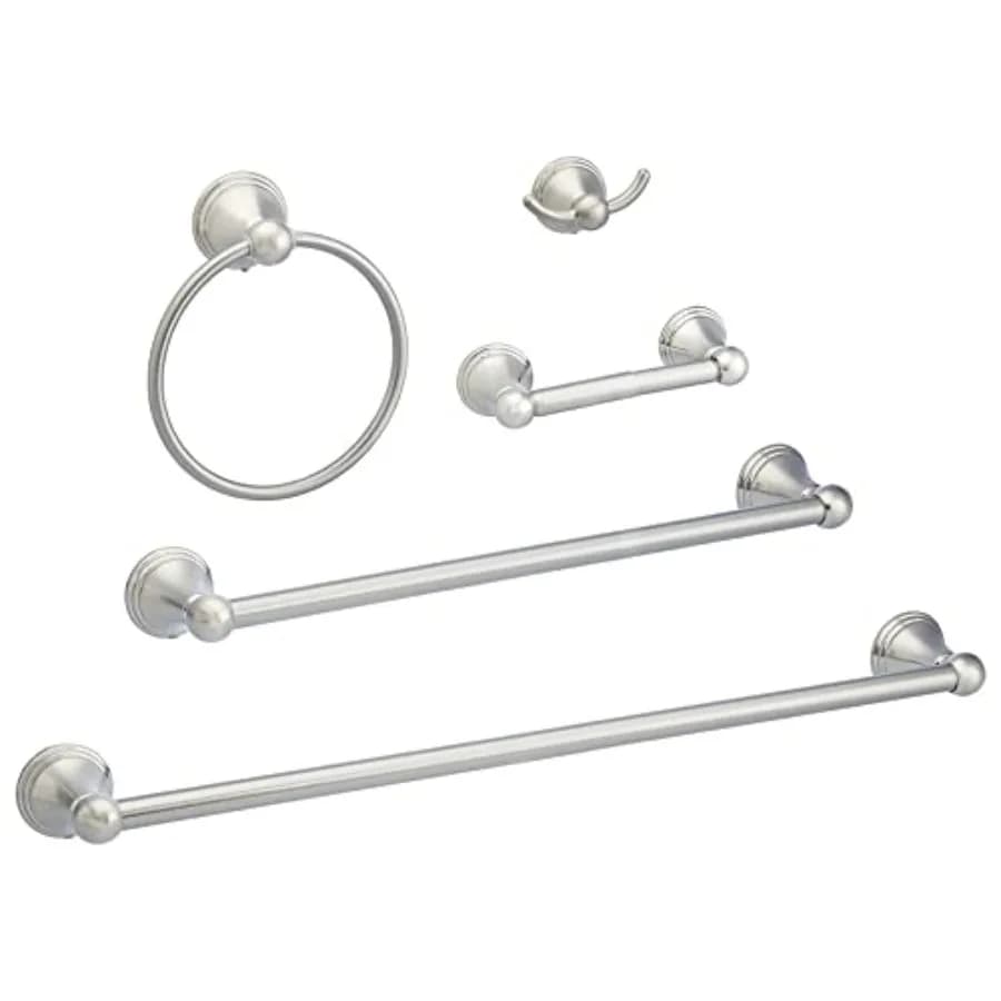 Set di 5 Accessori per Bagno in Nichel Satinato: Porta Asciugamani, Porta Carta Igienica, Anello Porta Asciugamani, Gancio per Accappatoio AB-BR817-SN