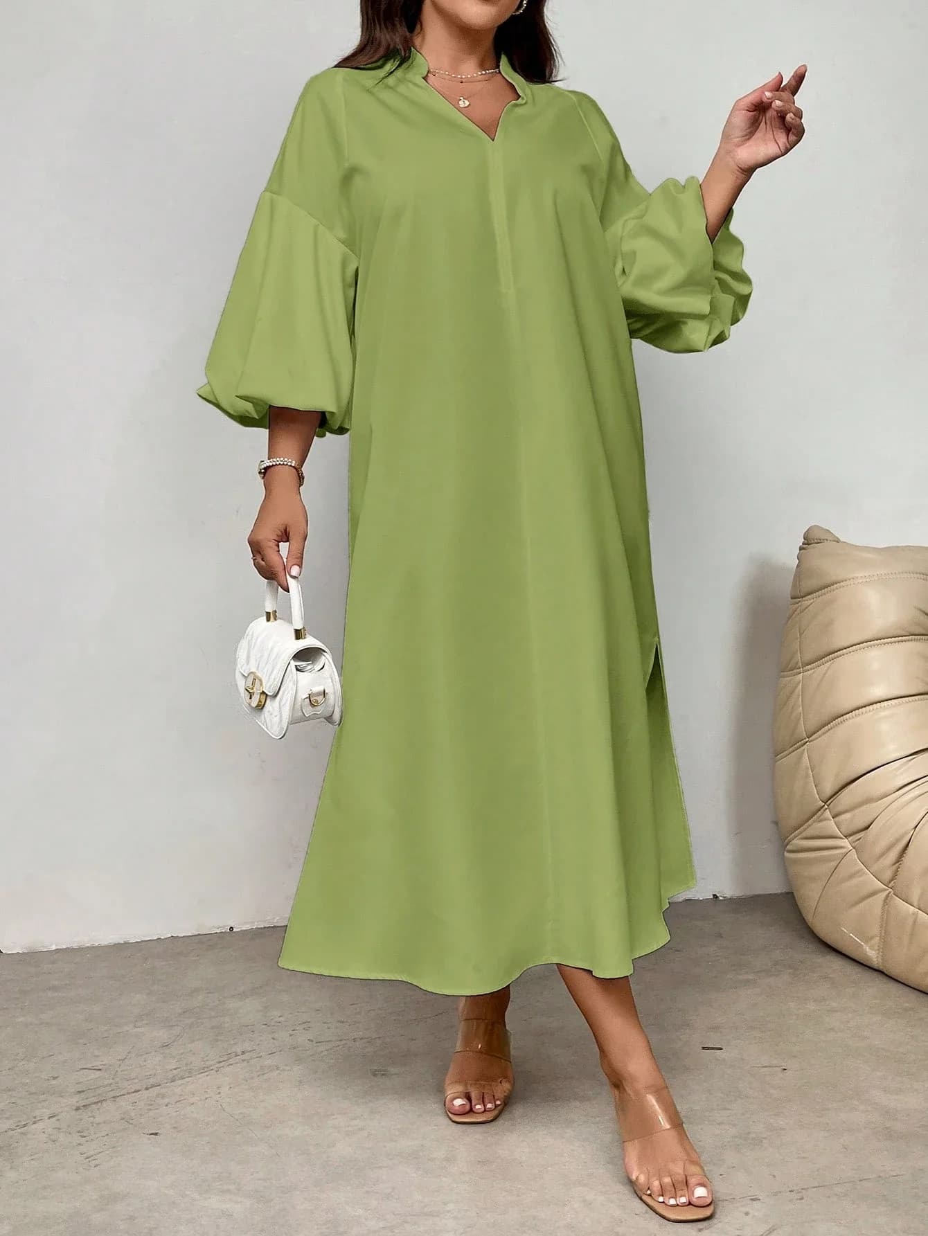 Elegante abito midi a maniche a lanterna con collo alto per vacanze estive, spiaggia, appuntamenti e feste