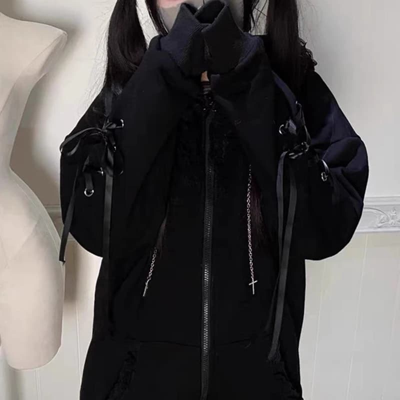 Autumn and Winter New Gothic Hooded Loose Personality Zipper Cardigan Niche Lace Stitching Tied Sweater