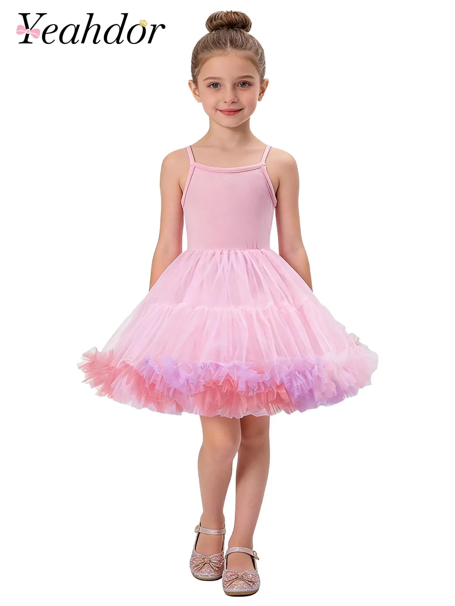 Abiti per Bambine con Spalline Sottili Sfumati Arcobaleno, Vestito Tutu in Tulle con Volant per Danza, Feste di Compleanno e Costumi per le Vacanze