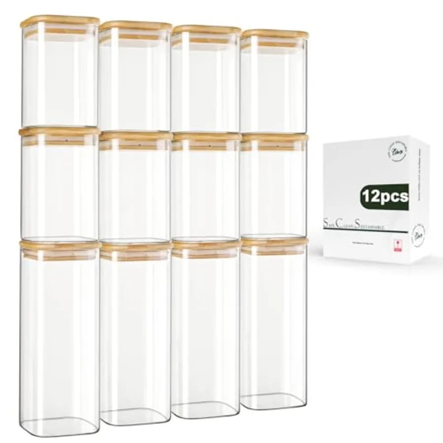 12-Pack Square Glass Storage Jars with Bamboo Lids 0.6Qt/1.06Qt - Stackable Food Containers for Pantry Organization, Coffee, Fl