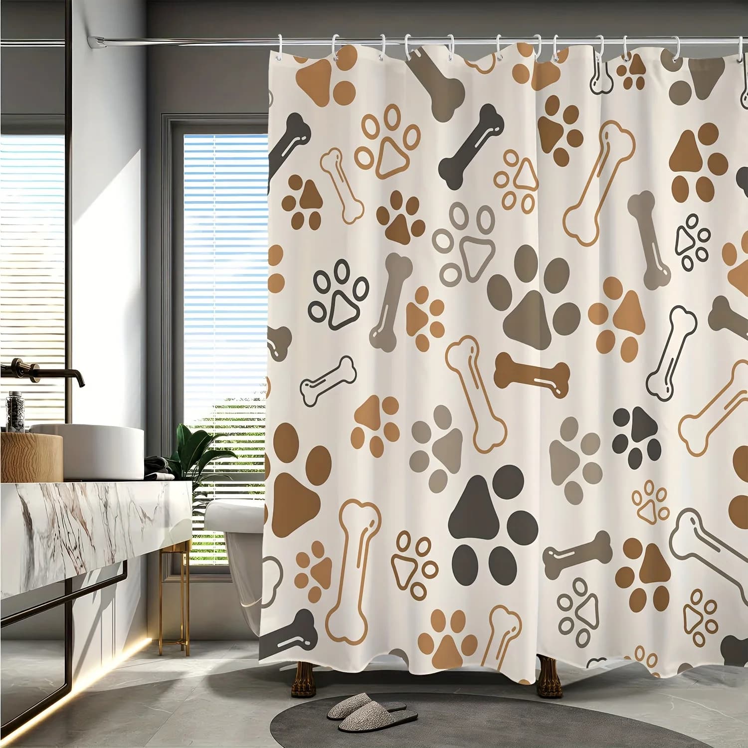 "Tenda da doccia con motivo a cartoni animati con stampa zampa di cucciolo - Stampa digitale, poliestere reversibile per quattro stagioni, arredamento per il bagno