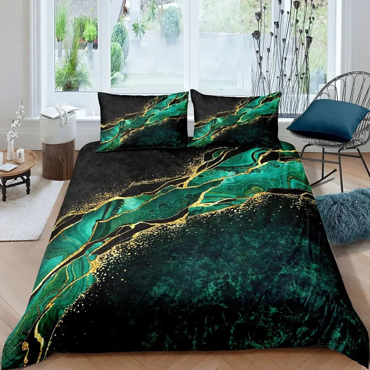Set biancheria da letto in marmo nero Set copripiumino in marmo metallizzato dorato Set copripiumino Queen/King Size con motivo astratto in oro nero
