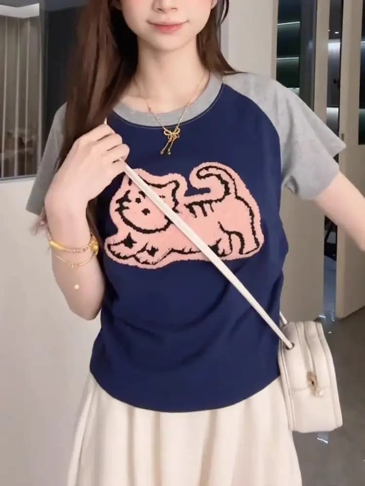 Flocking Print Short Sleeve T-Shirt Women's Summer Design Sensation Small Size Versatile Short Style Cotton Blend Top