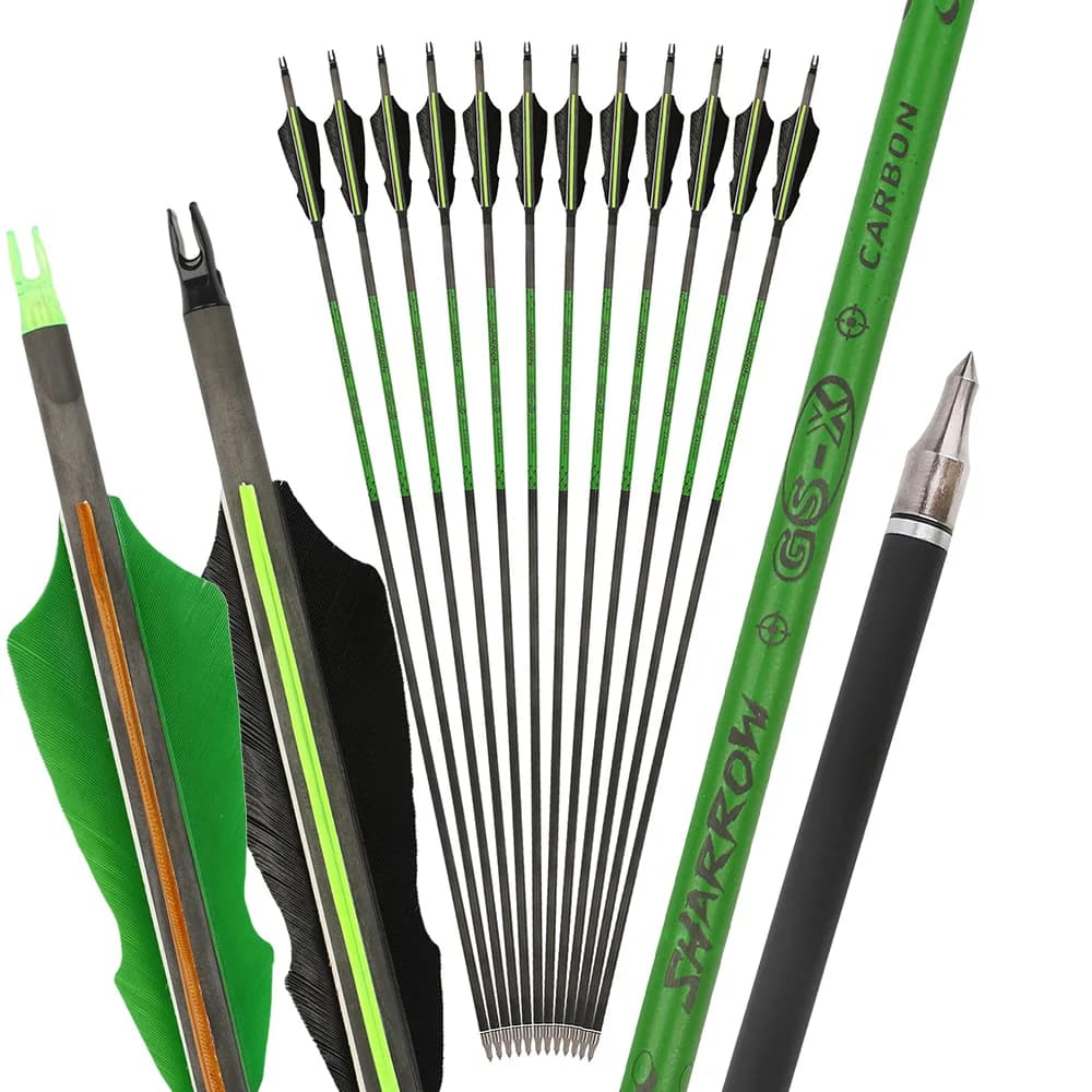 Pure Carbon Arrows 12pcs 31.5" Spine300 & Spine500 ID6.2mm 4" Real Feather Fletching for Archery Target Practice