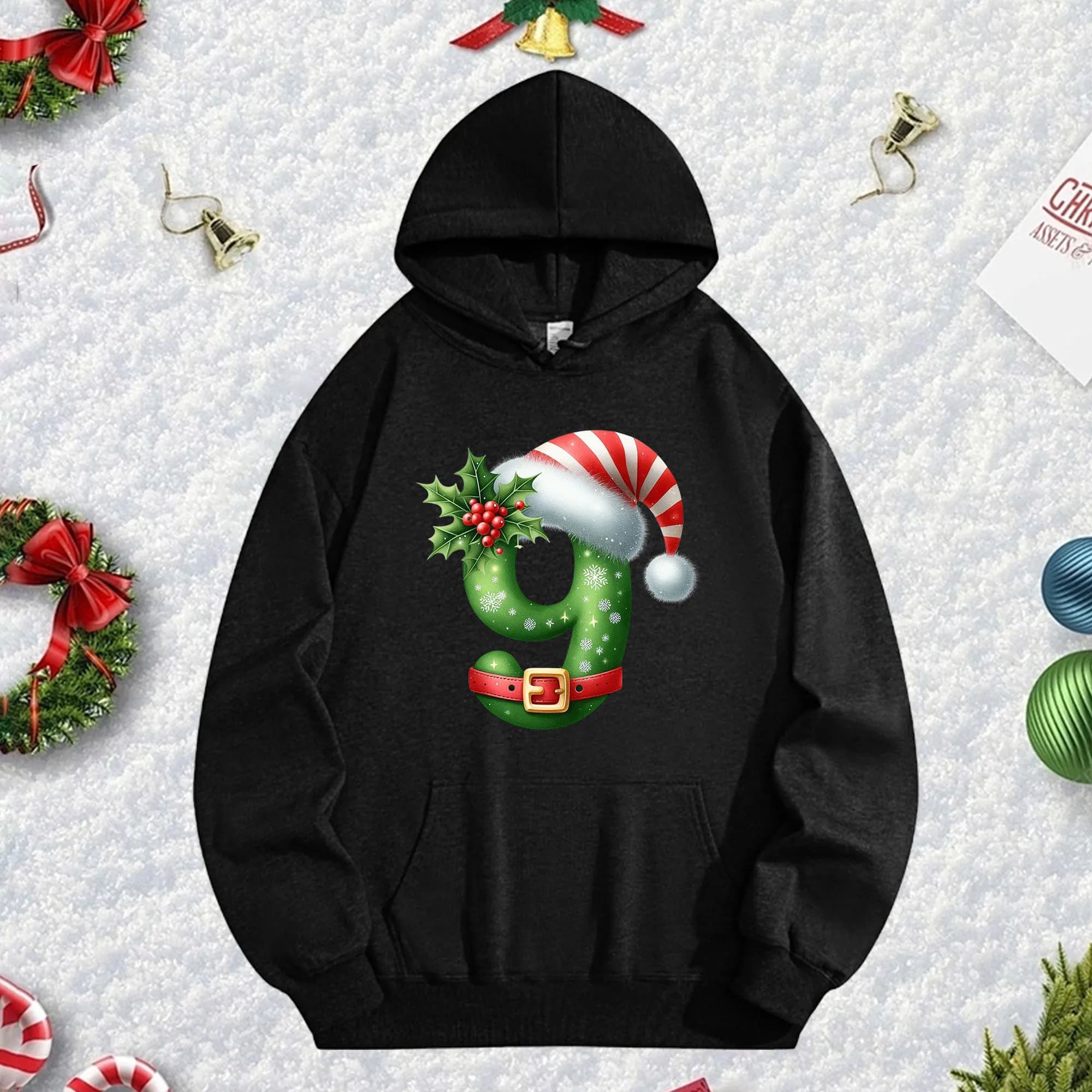 Black hooded sweatshirt Christmas 9 270G for men and women, comfortable oversize fleece pullover for Christmas fall/winter New Year