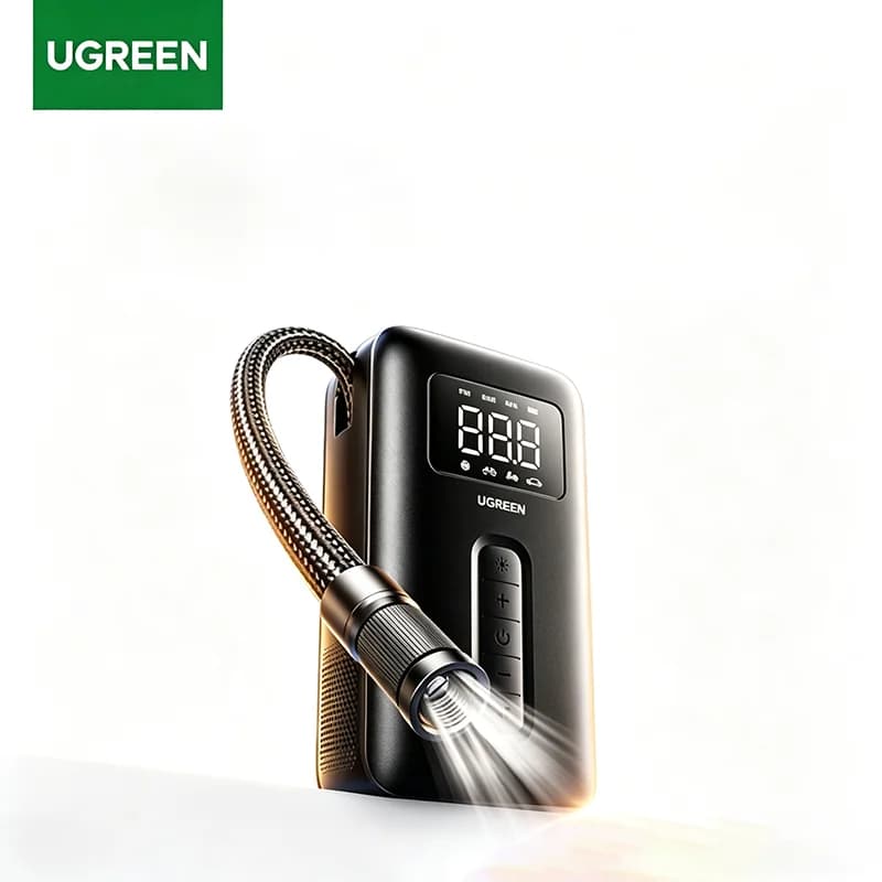 Compressore d'aria portatile UGREEN con batteria, luce LED e pompa per gonfiare pneumatici di auto, biciclette, moto e palloni.